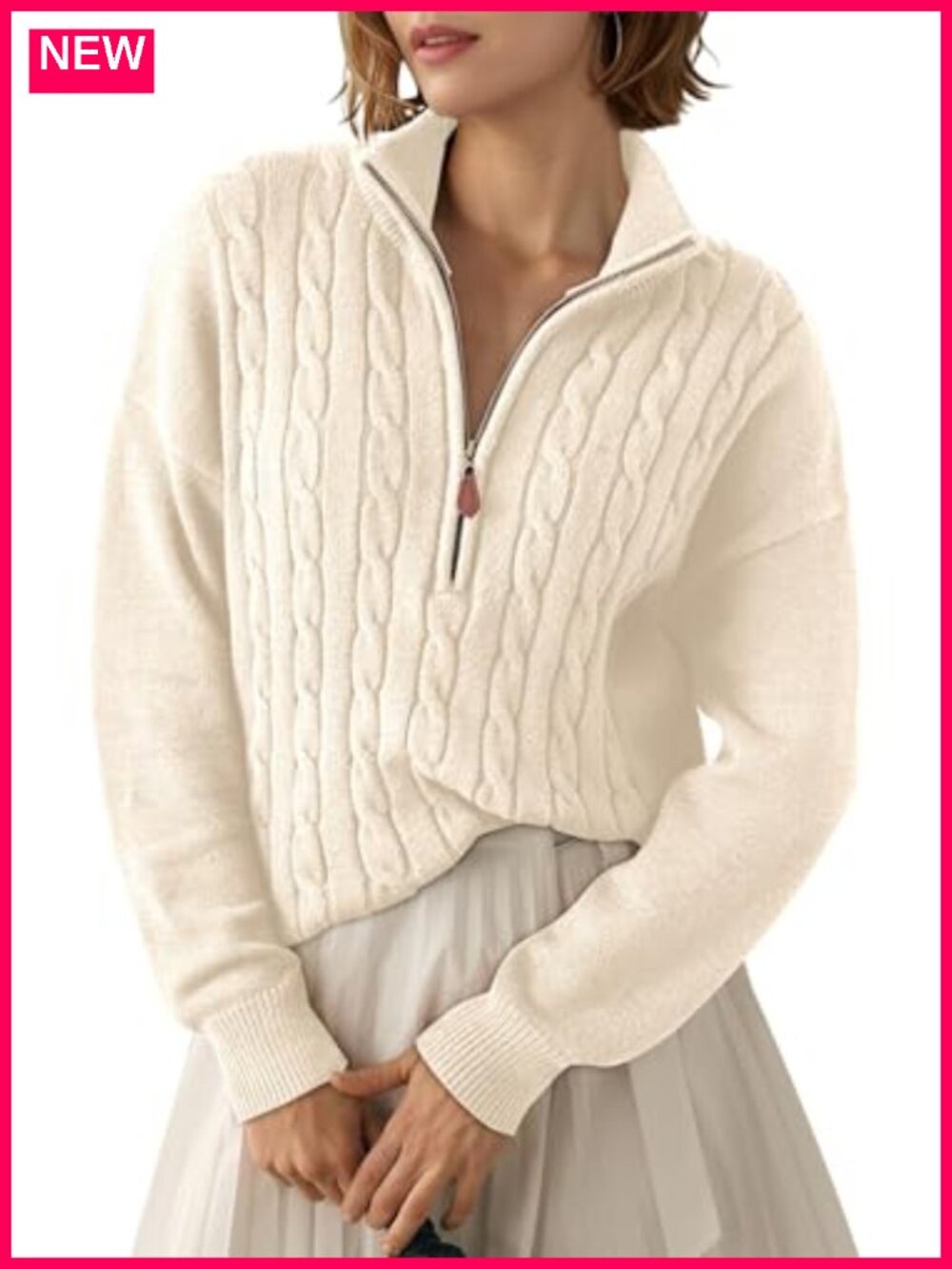 Women's Quarter Zip Ribbed Cable Knit Pullover Sweater Long Sleeve V-Neck